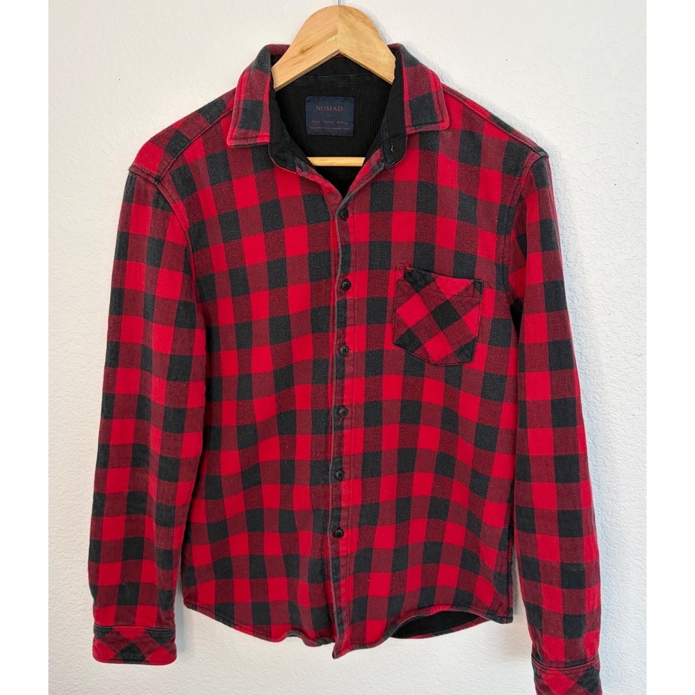 Nomad Mens Buffalo Plaid Flannel Shirt Red‎ Black Check Corduroy Trim Small